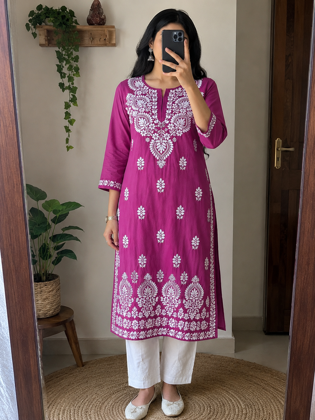 Magenta Pink Cotton Chikankari Kurta for Women