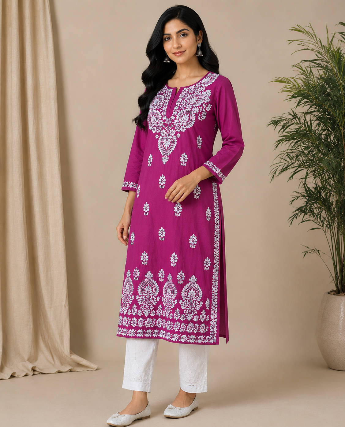 Magenta Pink Cotton Chikankari Kurta for Women