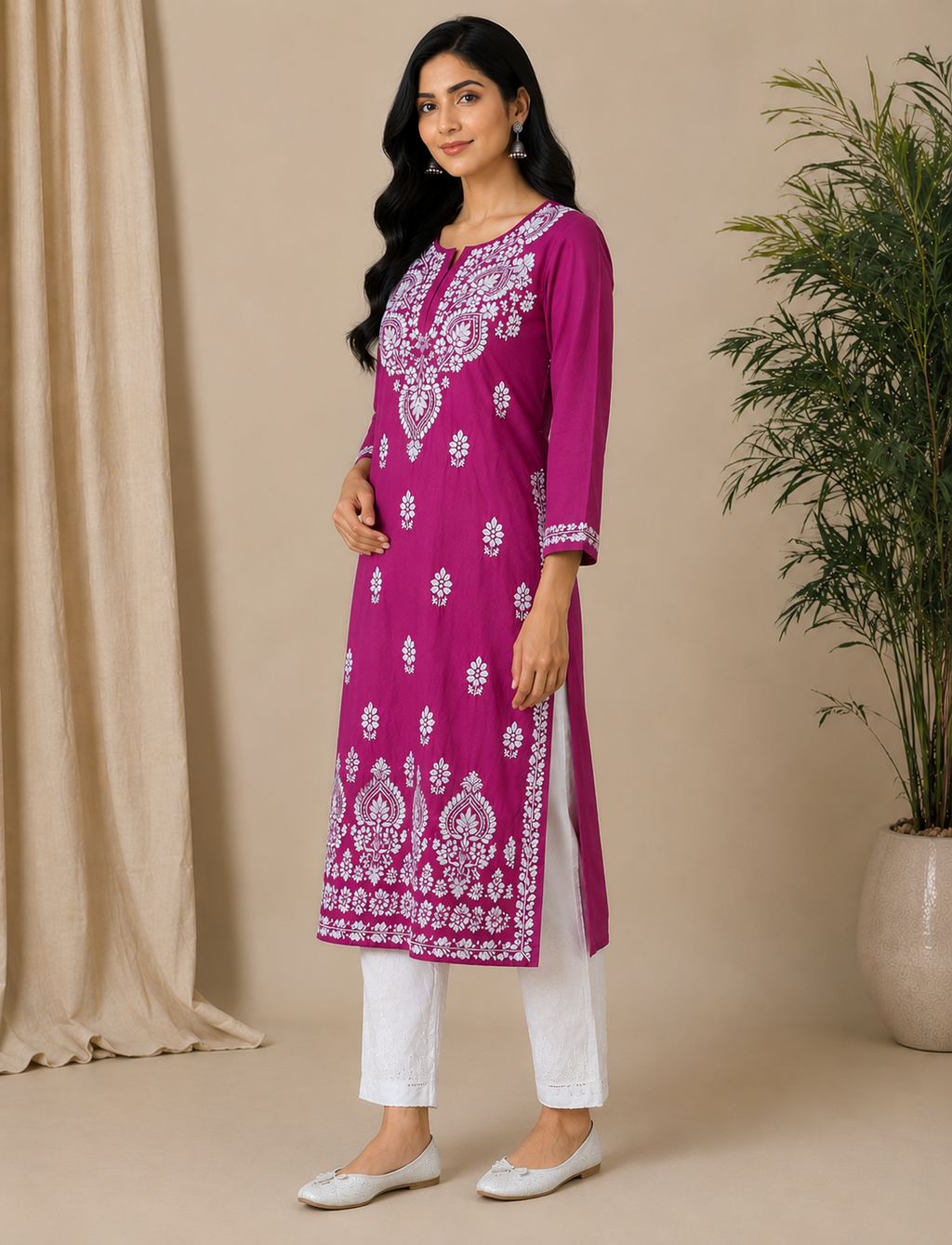 Magenta Pink Cotton Chikankari Kurta for Women