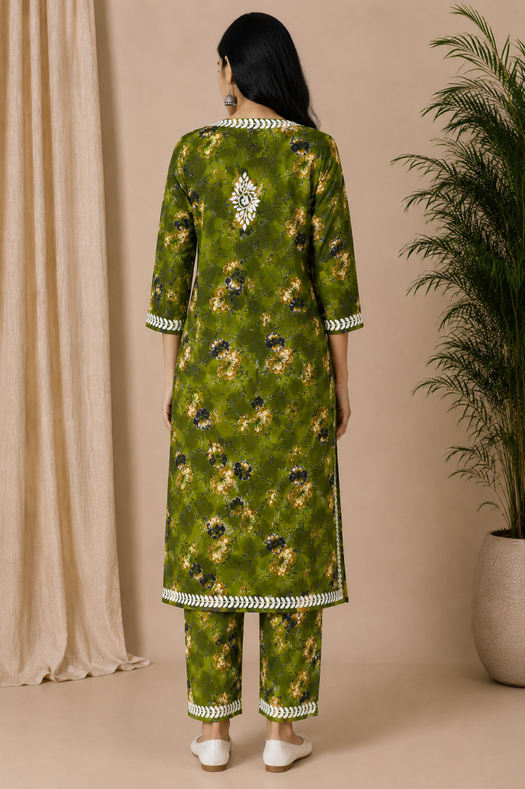 Olive Green Floral Printed Chikankari Cotton Kurta