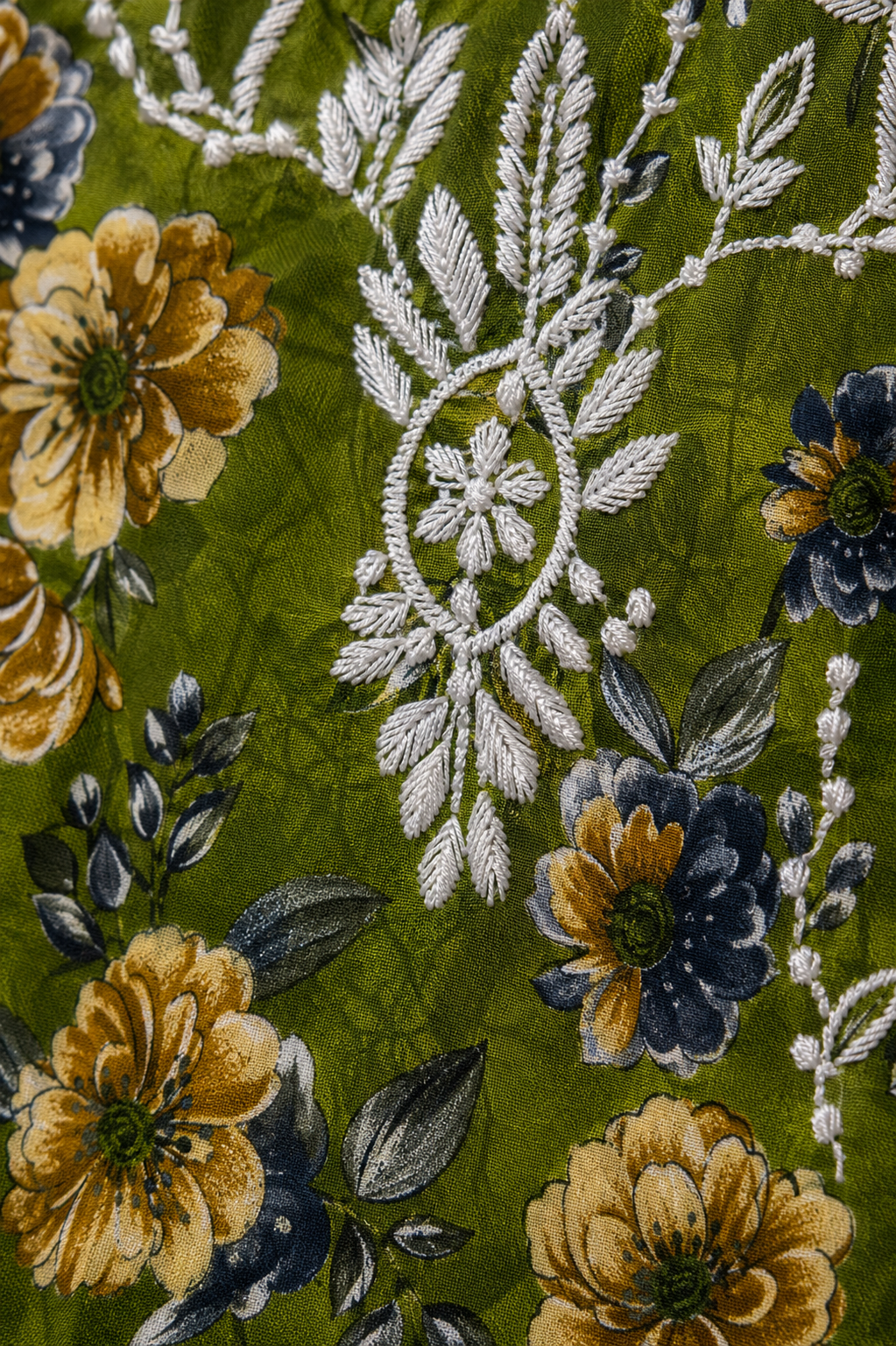 Olive Green Floral Printed Chikankari Cotton Kurta