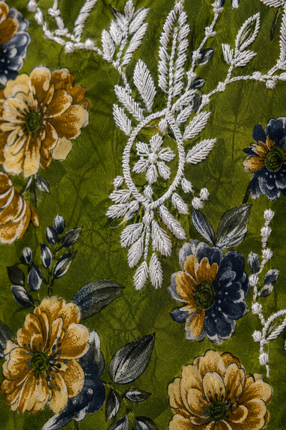 Olive Green Floral Printed Chikankari Cotton Kurta