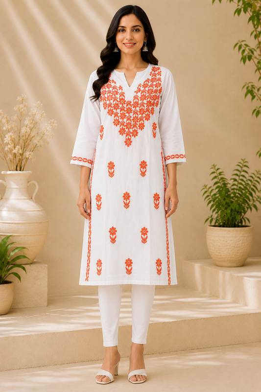 White Cotton Chikankari Kurta for Women with Orange Floral Embroidery
