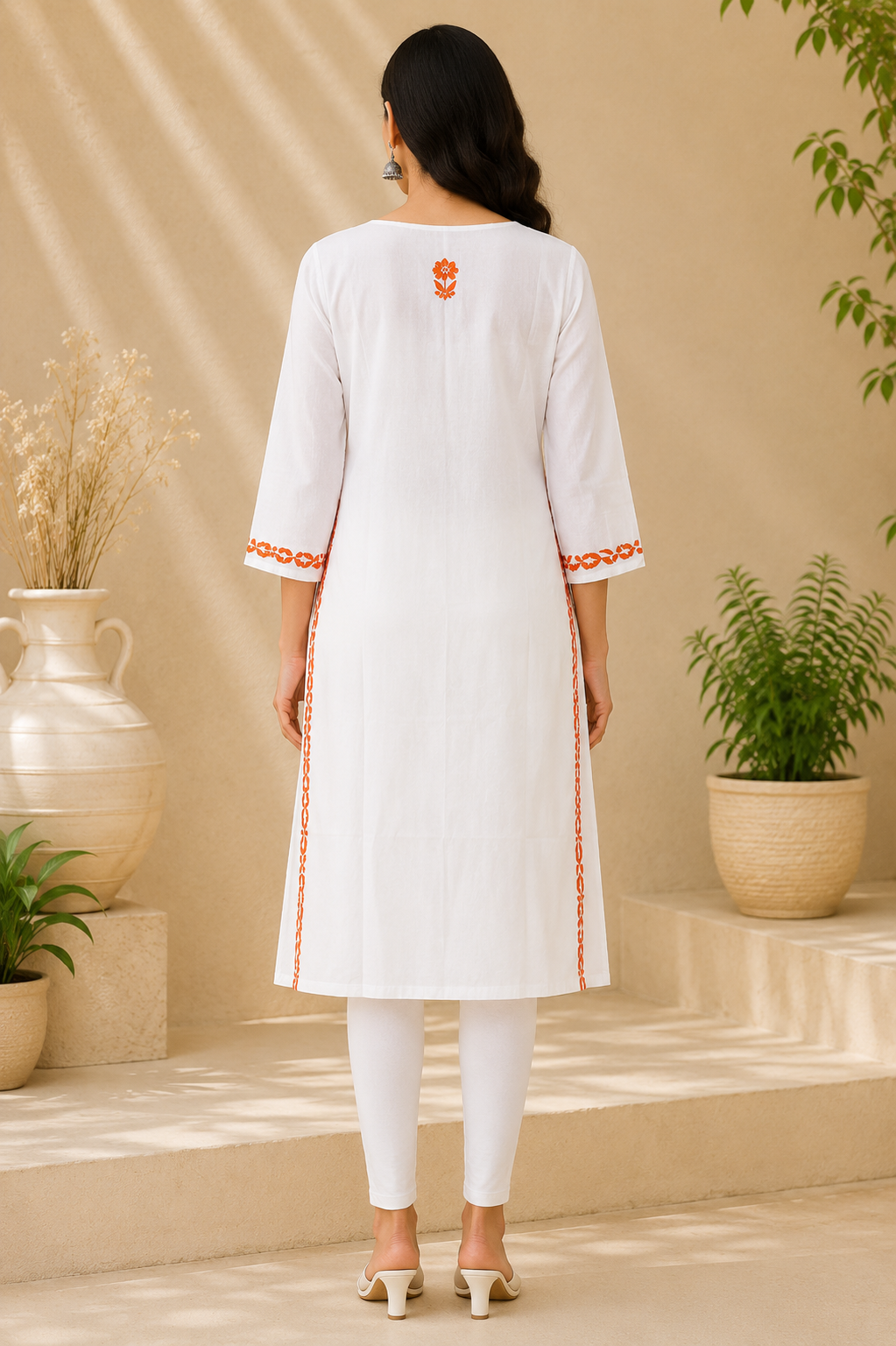 White Cotton Chikankari Kurta for Women with Orange Floral Embroidery