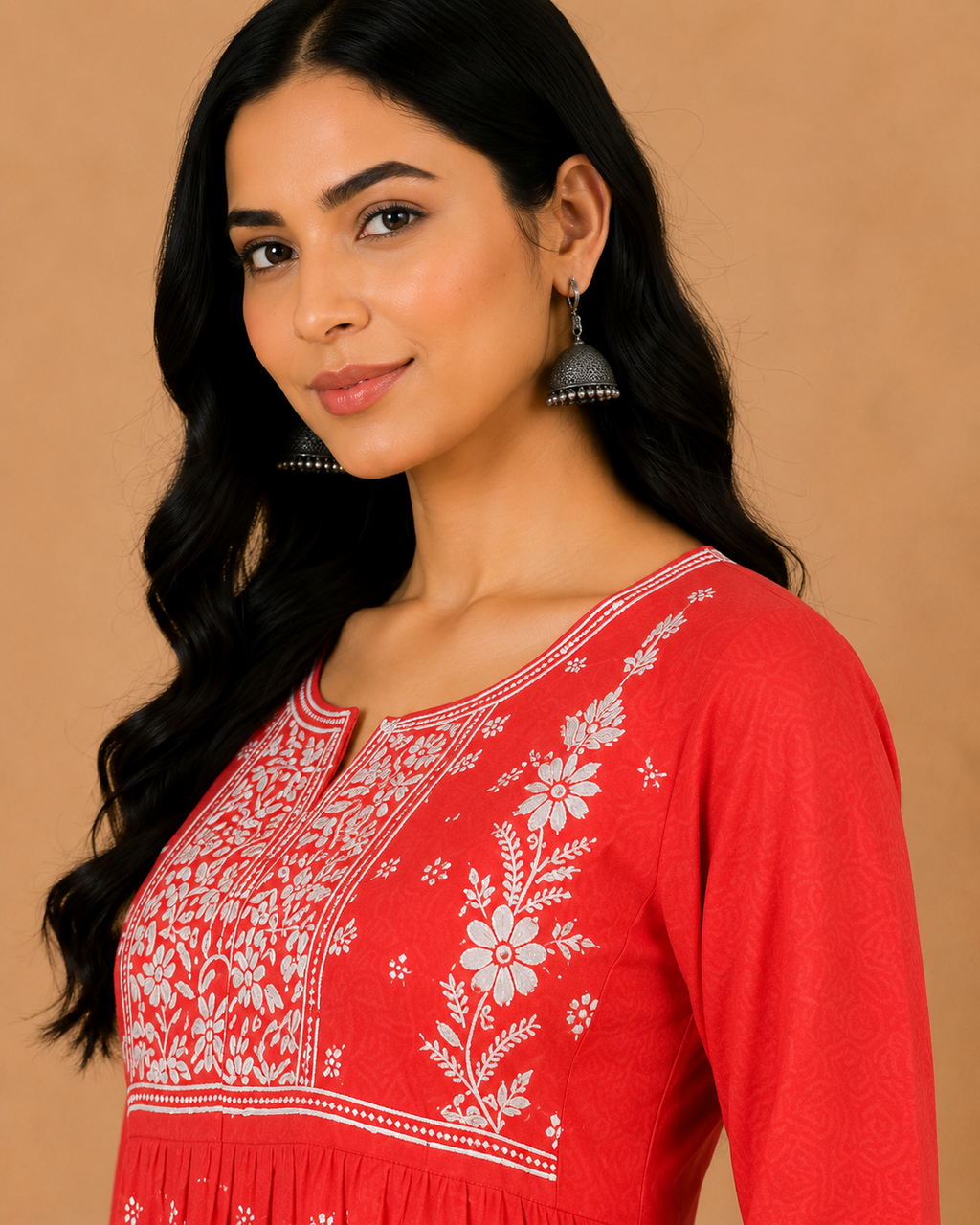Coral Red Cotton Chikankari Kurta for Women