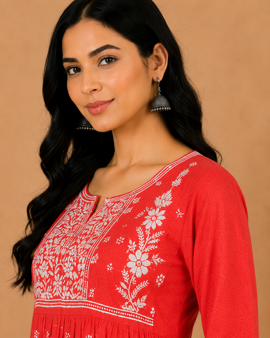 Coral Red Cotton Chikankari Kurta for Women
