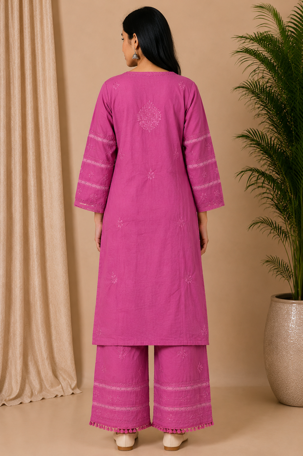 Rose Pink Cotton Chikankari Kurta for Women