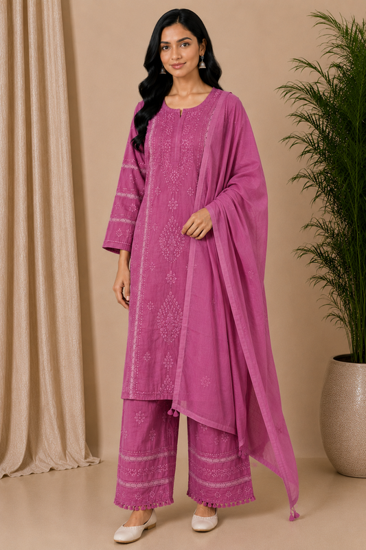 Rose Pink Cotton Chikankari Kurta for Women