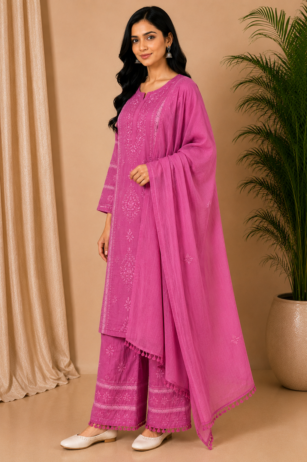 Rose Pink Cotton Chikankari Kurta for Women