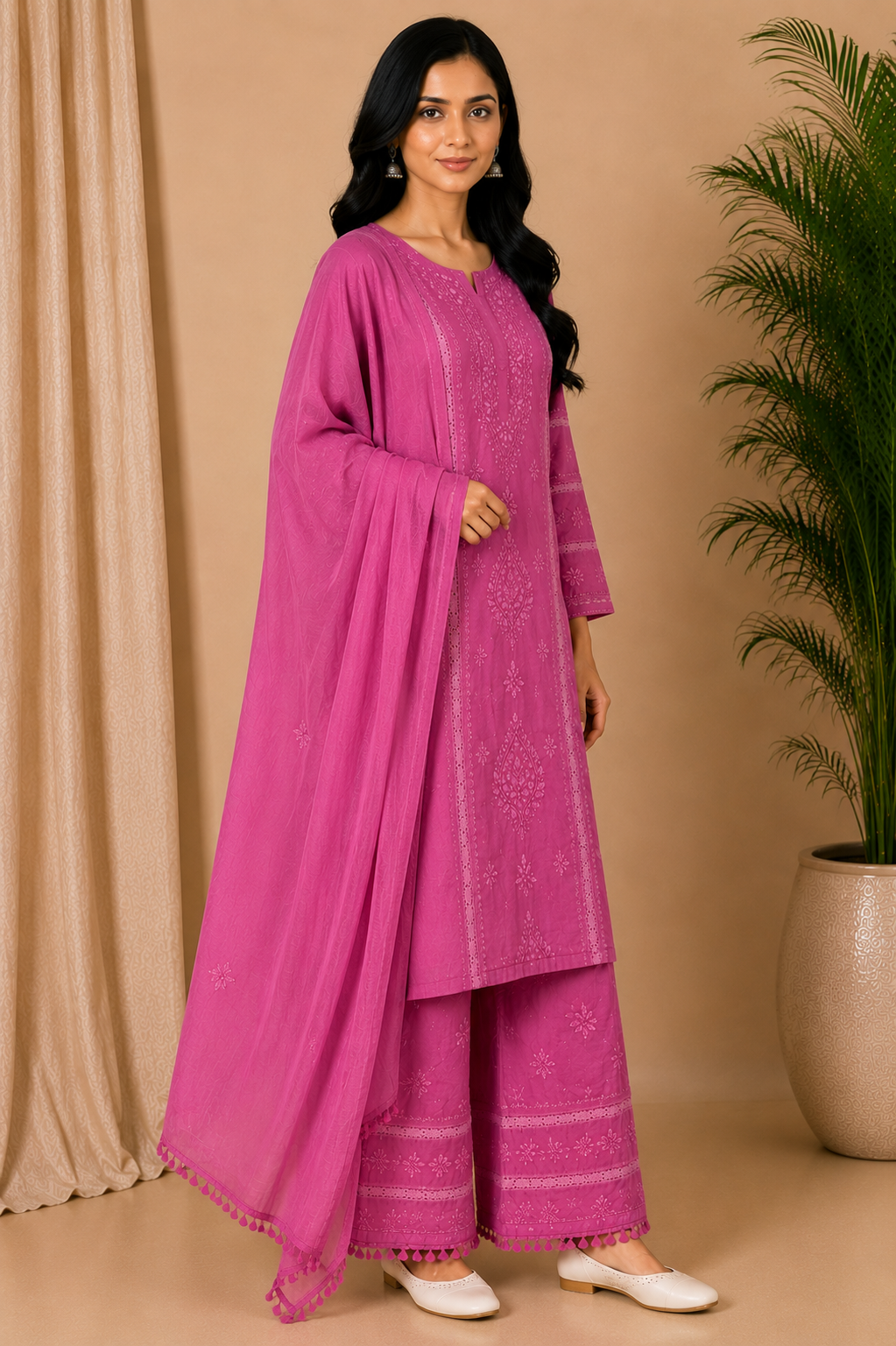 Rose Pink Cotton Chikankari Kurta for Women