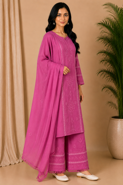 Rose Pink Cotton Chikankari Kurta for Women