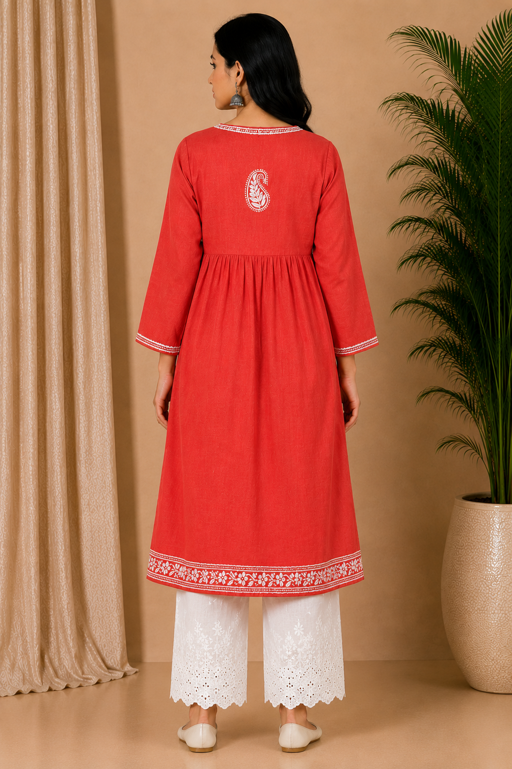 Coral Red Cotton Chikankari Kurta for Women