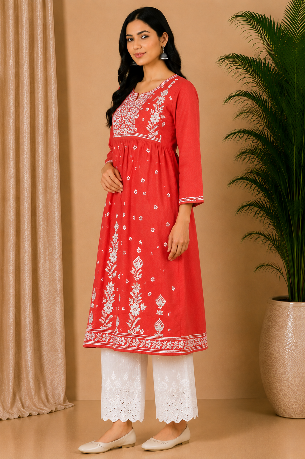Coral Red Cotton Chikankari Kurta for Women