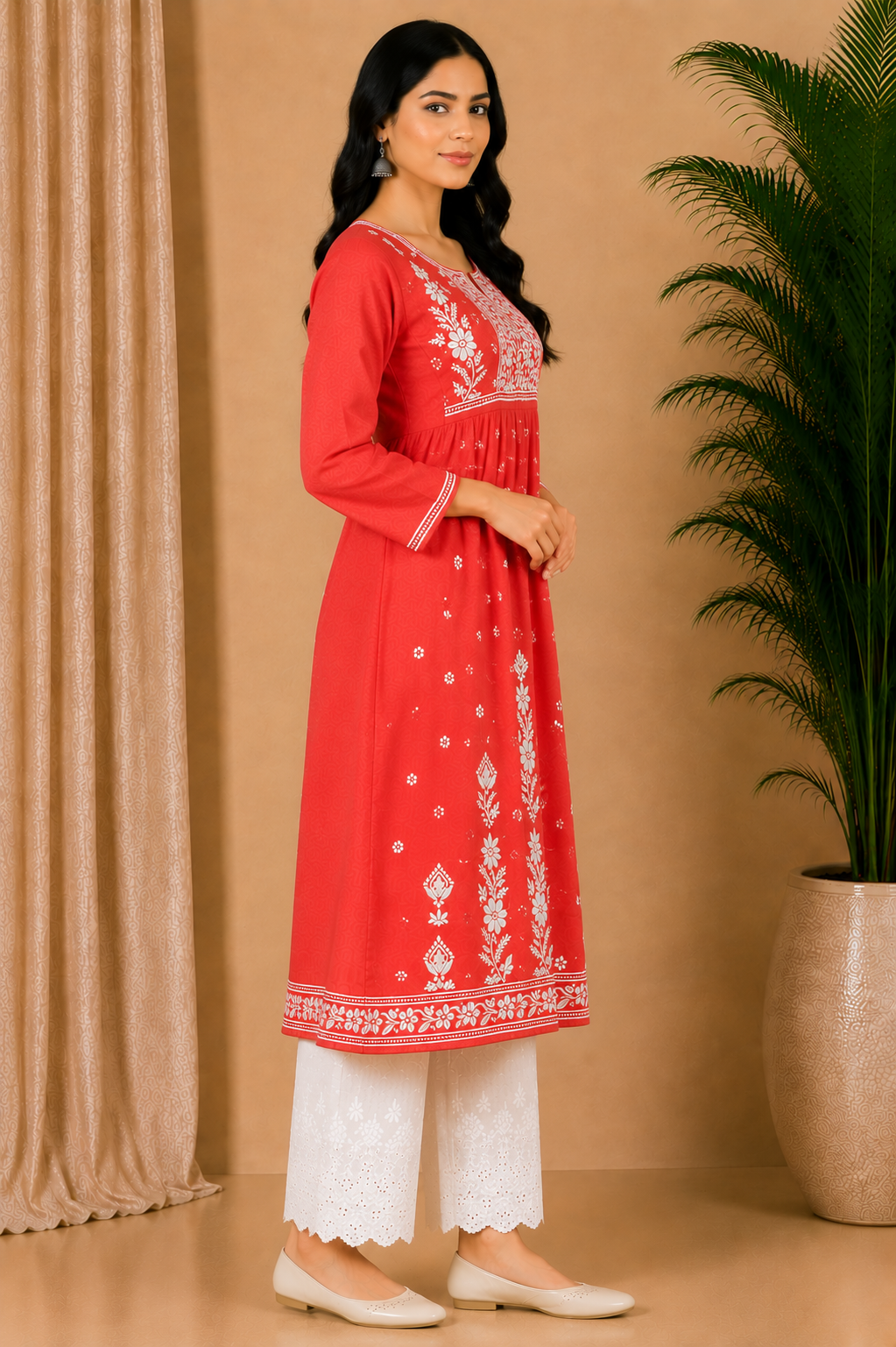 Coral Red Cotton Chikankari Kurta for Women
