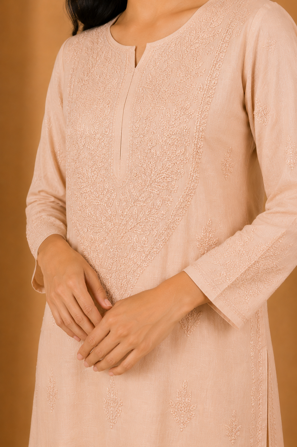 Medium Peach Beige Cotton Chikankari Kurta for Women