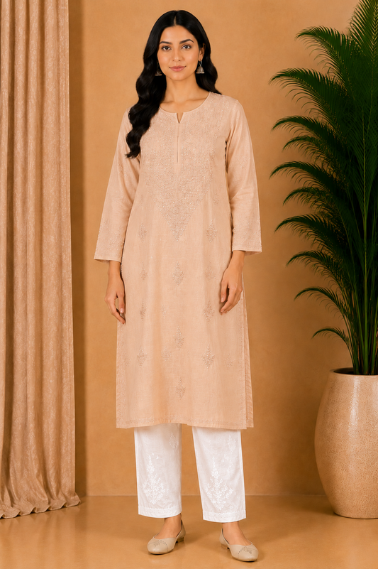 Medium Peach Beige Cotton Chikankari Kurta for Women