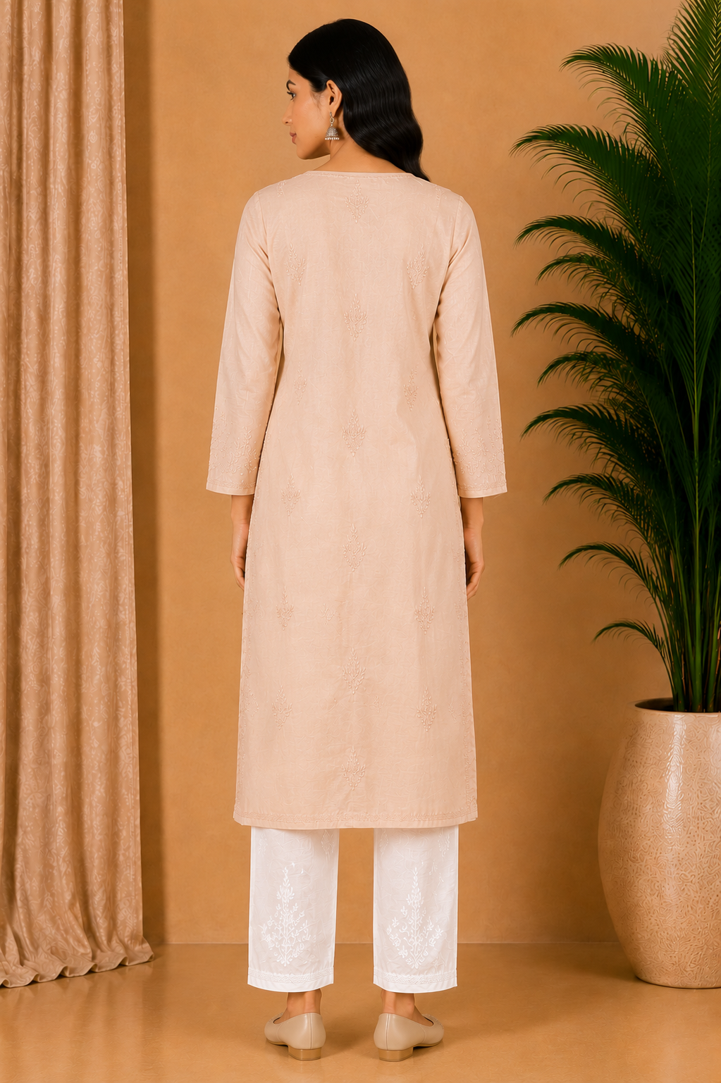 Medium Peach Beige Cotton Chikankari Kurta for Women