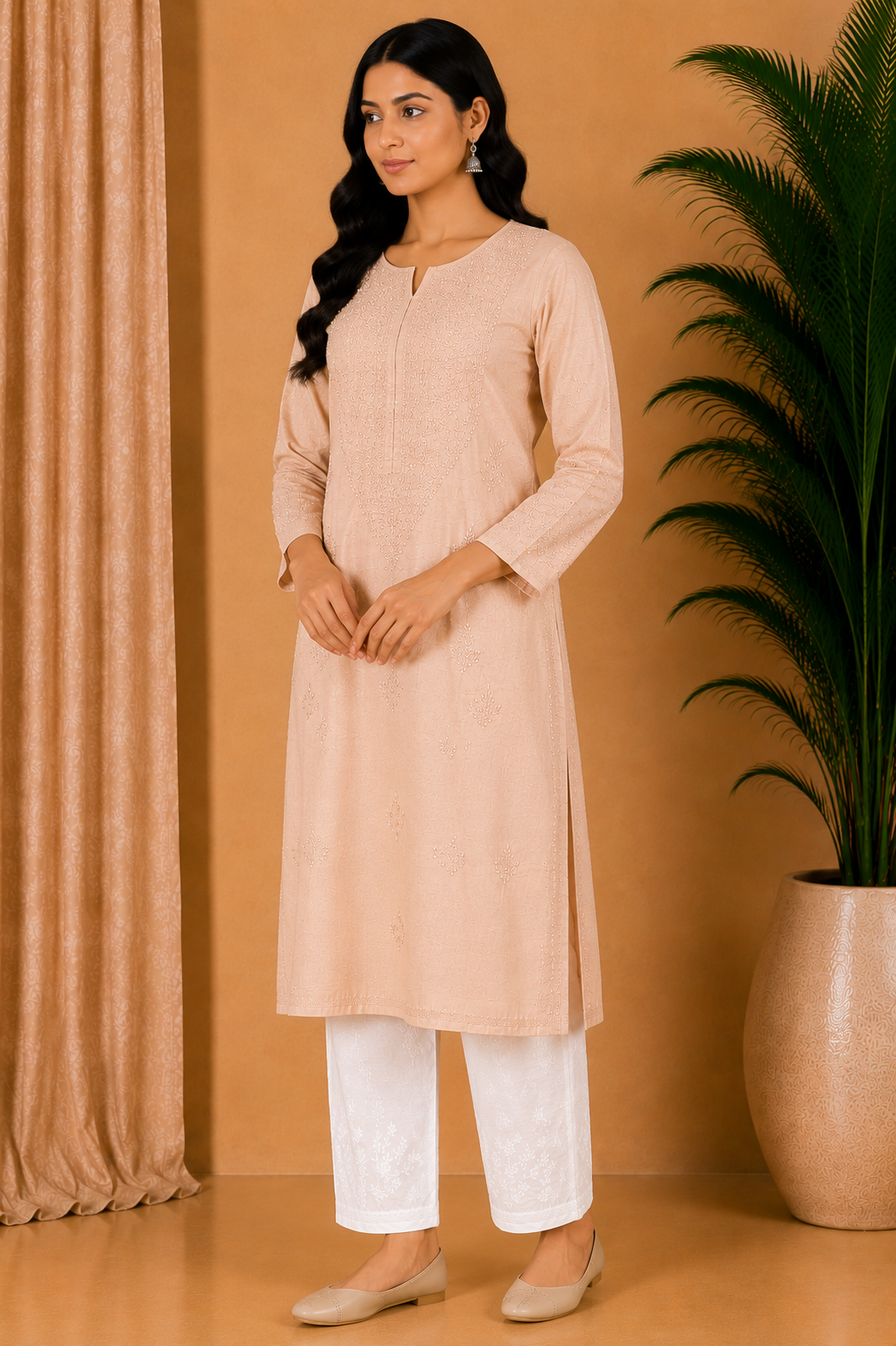 Medium Peach Beige Cotton Chikankari Kurta for Women