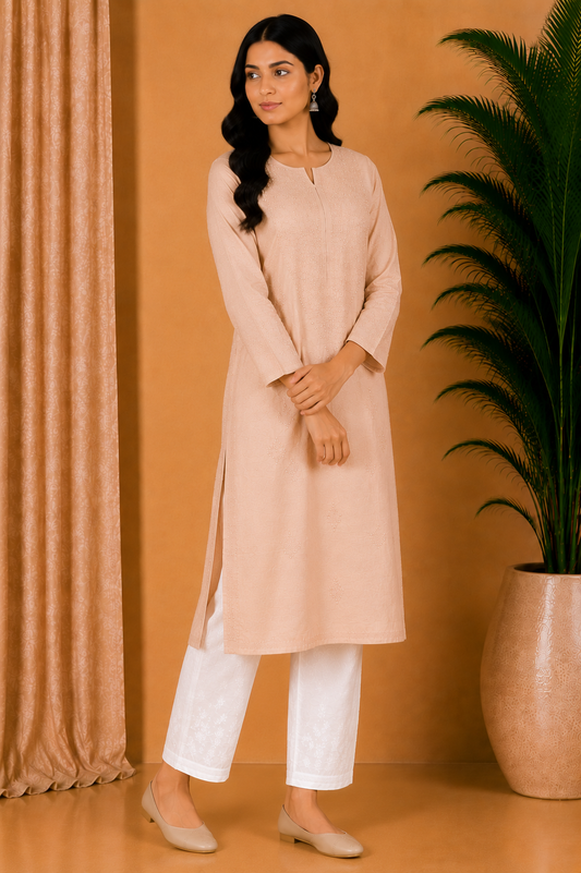 Medium Peach Beige Cotton Chikankari Kurta for Women