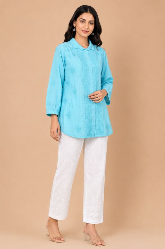 Aqua Blue Cotton Chikankari Shirt Kurta for Women