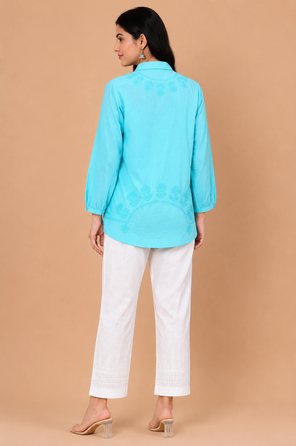 Aqua Blue Cotton Chikankari Shirt Kurta for Women