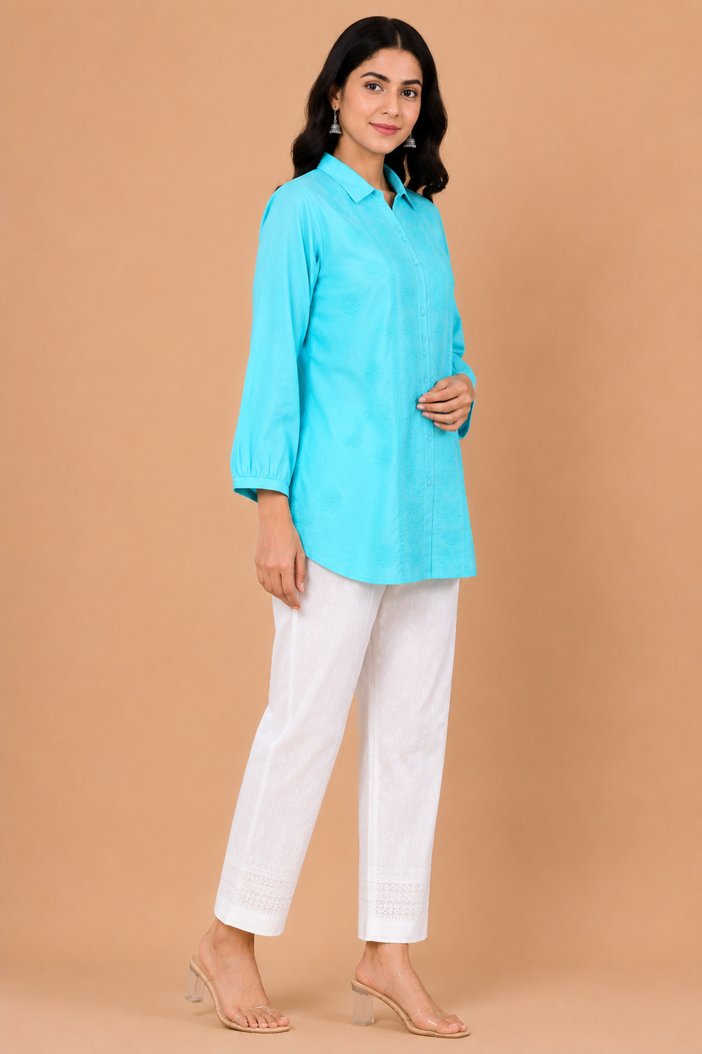 Aqua Blue Cotton Chikankari Shirt Kurta for Women