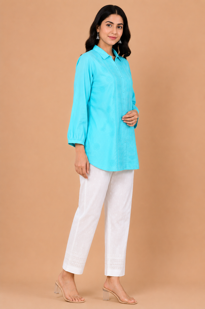 Aqua Blue Cotton Chikankari Shirt Kurta for Women