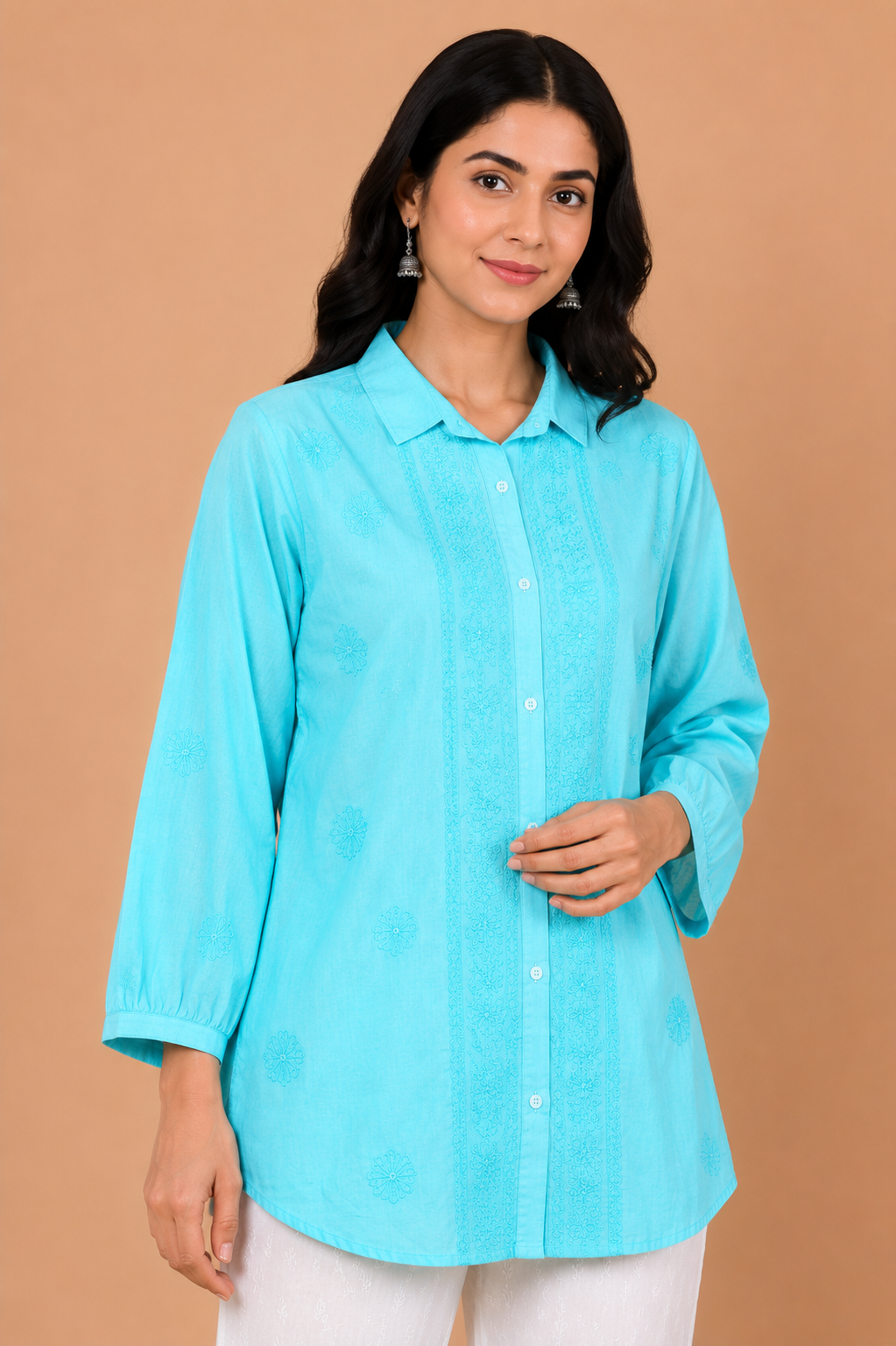 Aqua Blue Cotton Chikankari Shirt Kurta for Women