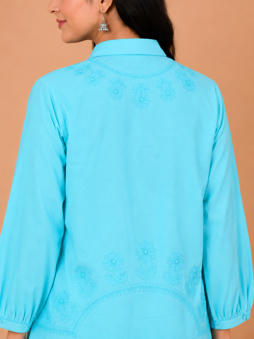 Aqua Blue Cotton Chikankari Shirt Kurta for Women