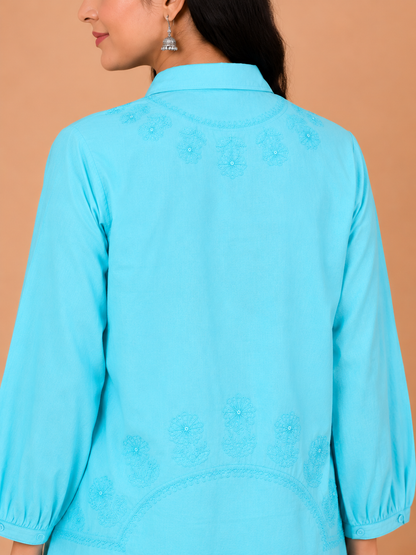 Aqua Blue Cotton Chikankari Shirt Kurta for Women