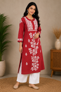 Maroon Floral Handcrafted Chikankari Kurta for Women