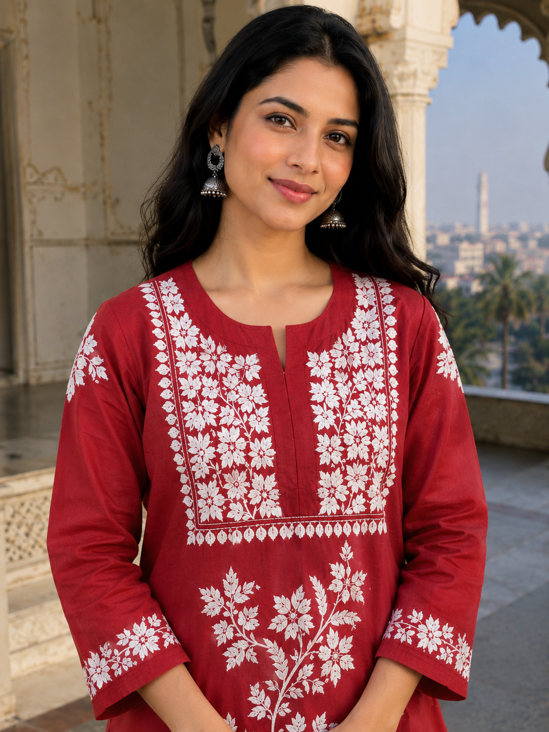 Maroon Floral Handcrafted Chikankari Kurta for Women