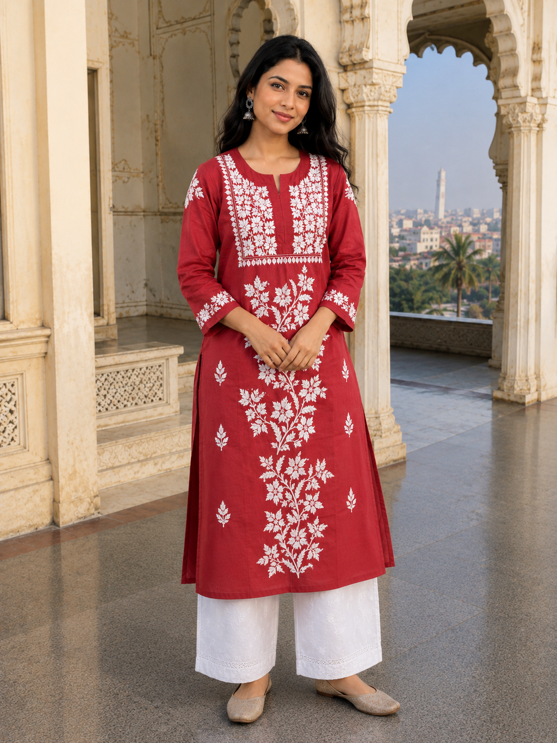 Maroon Floral Handcrafted Chikankari Kurta for Women