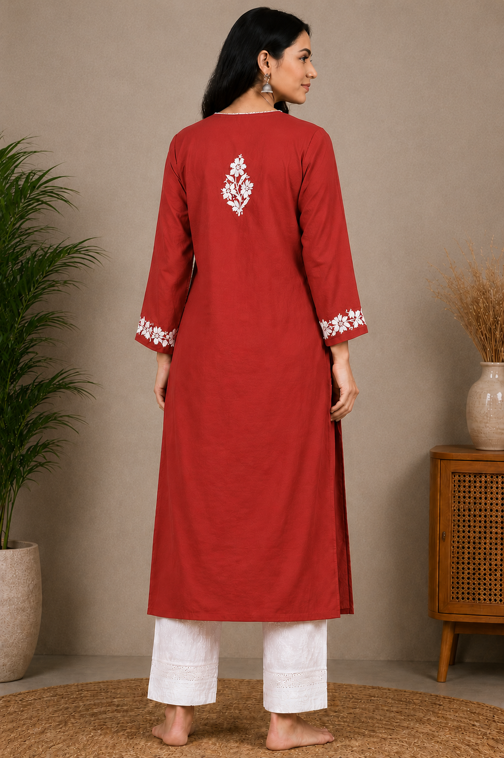 Maroon Floral Handcrafted Chikankari Kurta for Women