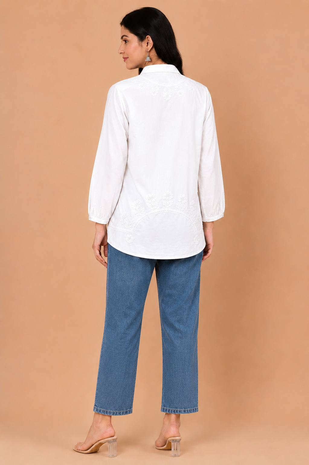 White Embroidered Cotton Shirt Kurta for Women