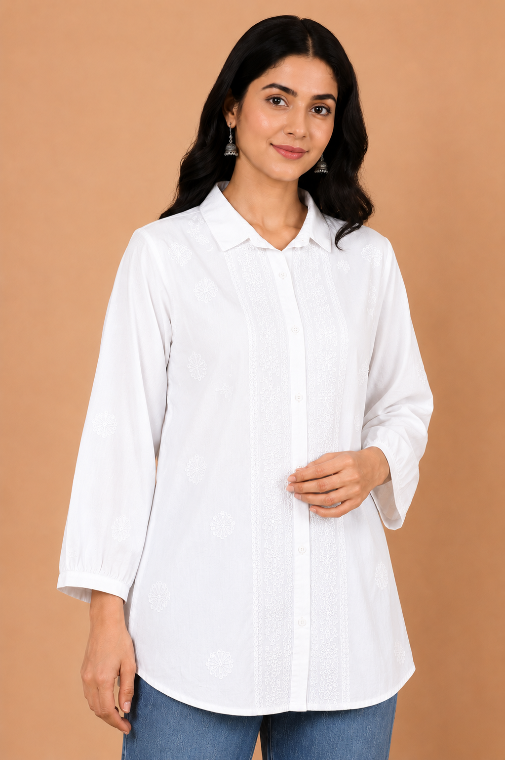 White Embroidered Cotton Shirt Kurta for Women