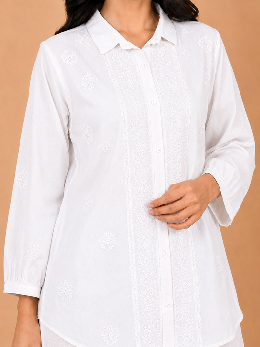 White Embroidered Cotton Shirt Kurta for Women
