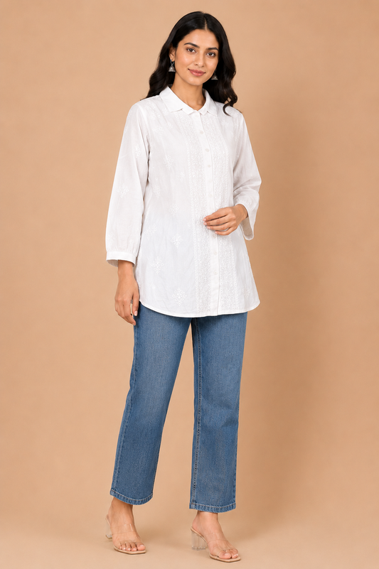 White Embroidered Cotton Shirt Kurta for Women