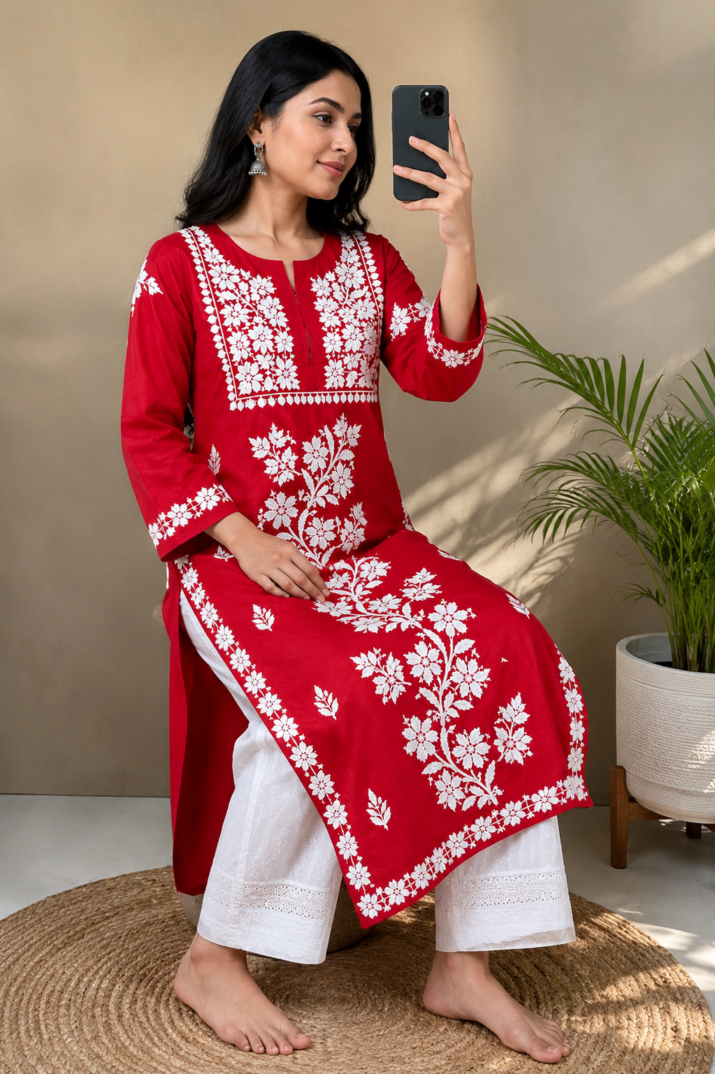 Crimson Red Cotton Chikankari Kurta for Women