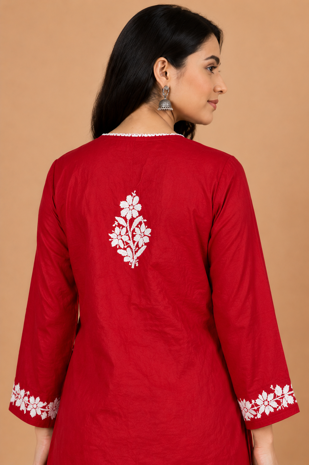 Crimson Red Cotton Chikankari Kurta for Women