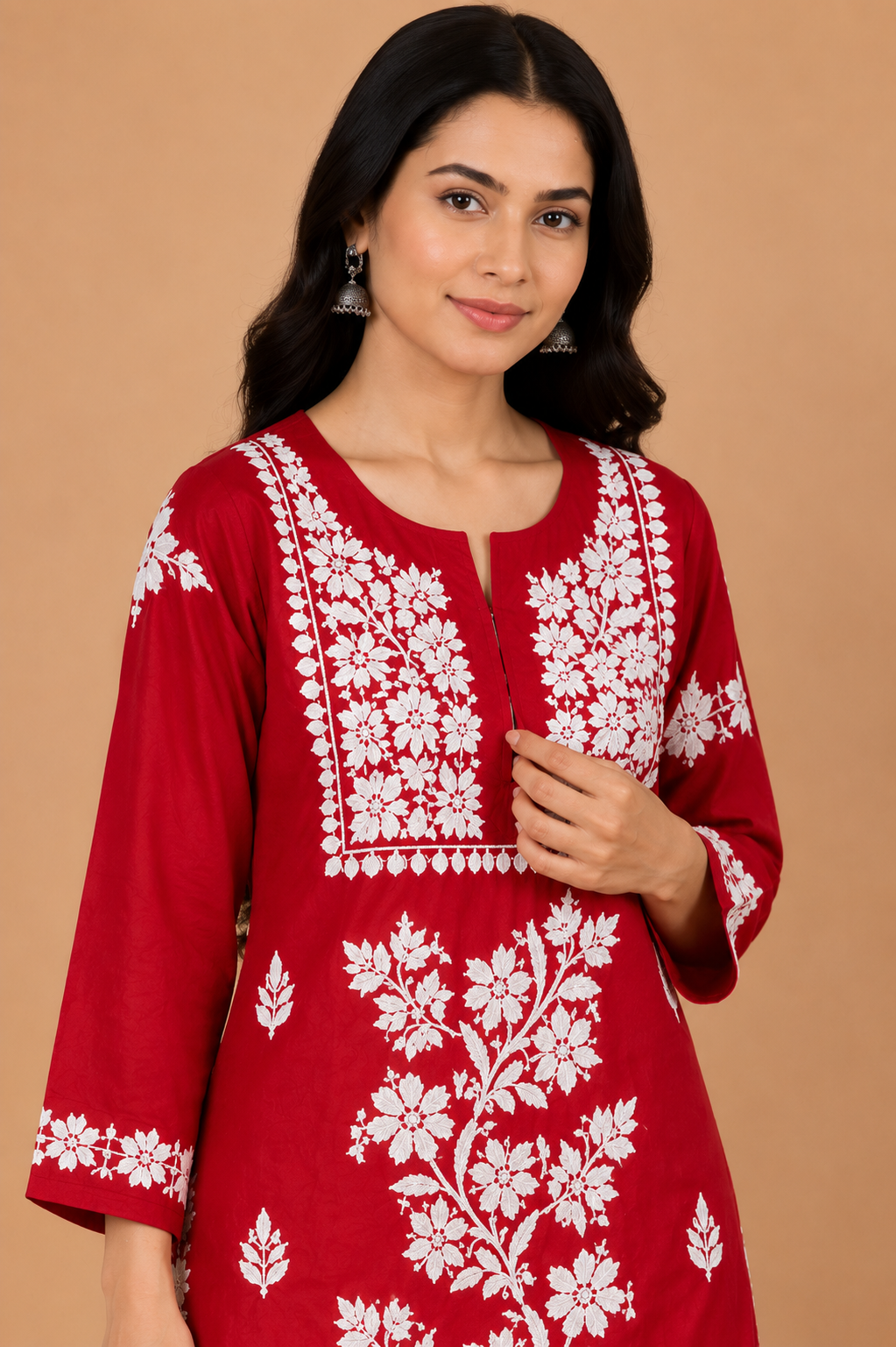 Crimson Red Cotton Chikankari Kurta for Women