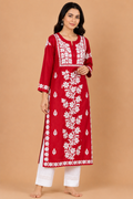 Crimson Red Cotton Chikankari Kurta for Women