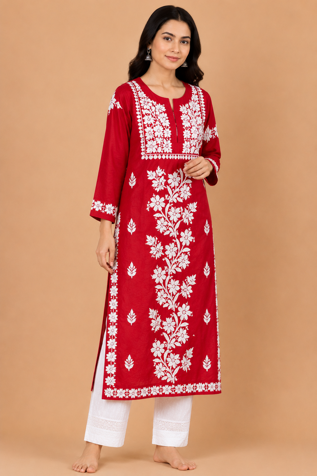 Crimson Red Cotton Chikankari Kurta for Women