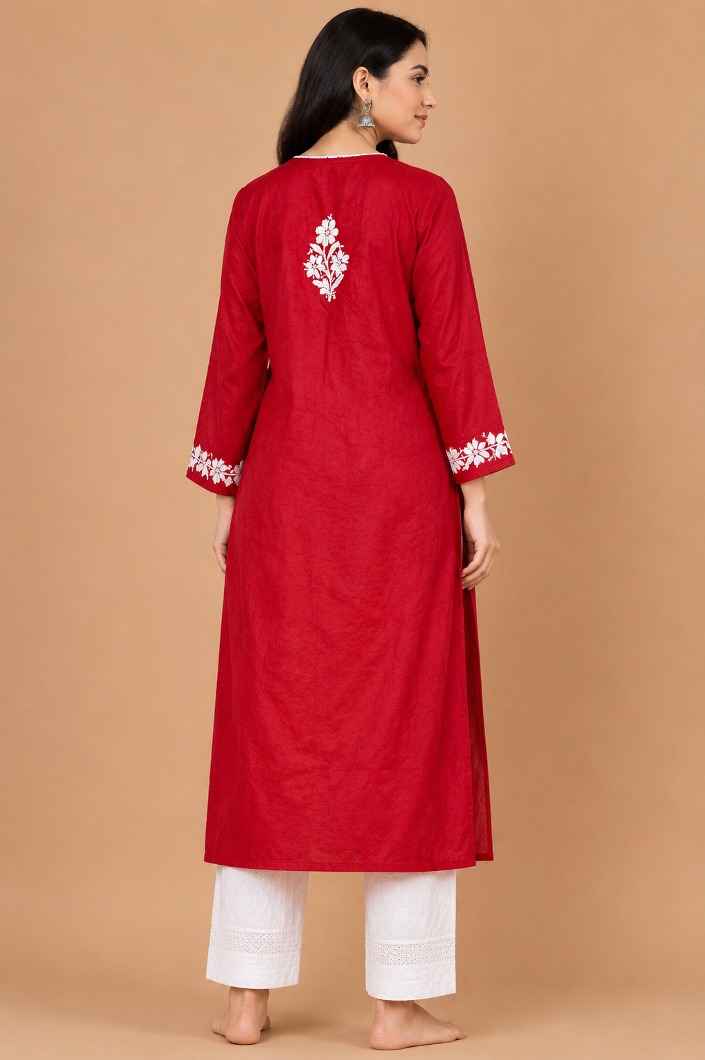 Crimson Red Cotton Chikankari Kurta for Women
