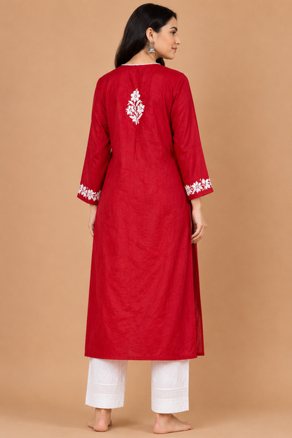 Crimson Red Cotton Chikankari Kurta for Women