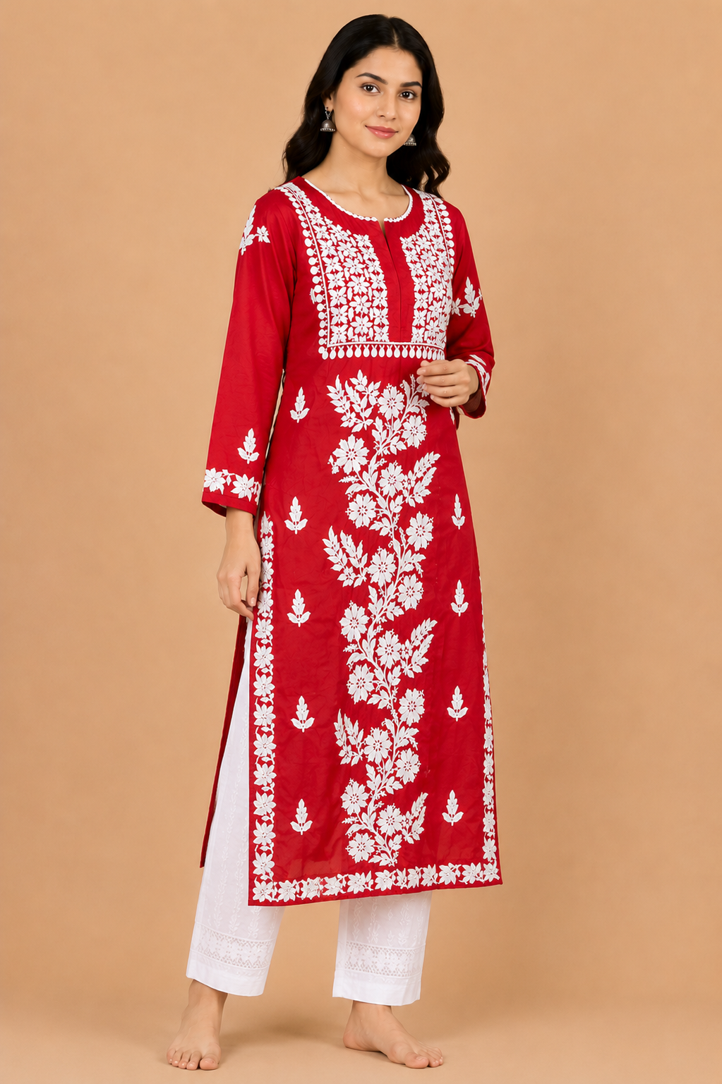 Crimson Red Cotton Chikankari Kurta for Women