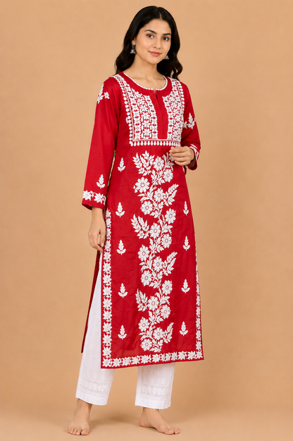 Crimson Red Cotton Chikankari Kurta for Women