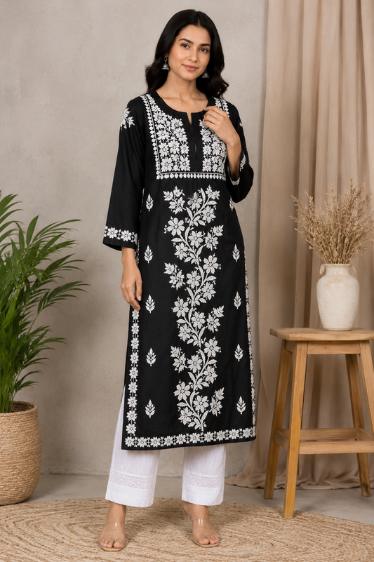Midnight Black Cotton Chikankari Kurta for Women