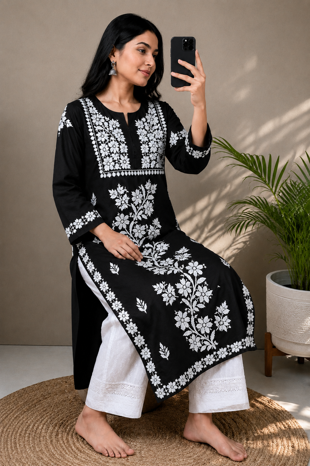 Midnight Black Cotton Chikankari Kurta for Women
