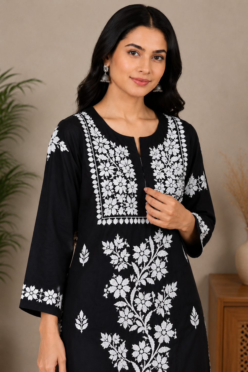 Midnight Black Cotton Chikankari Kurta for Women